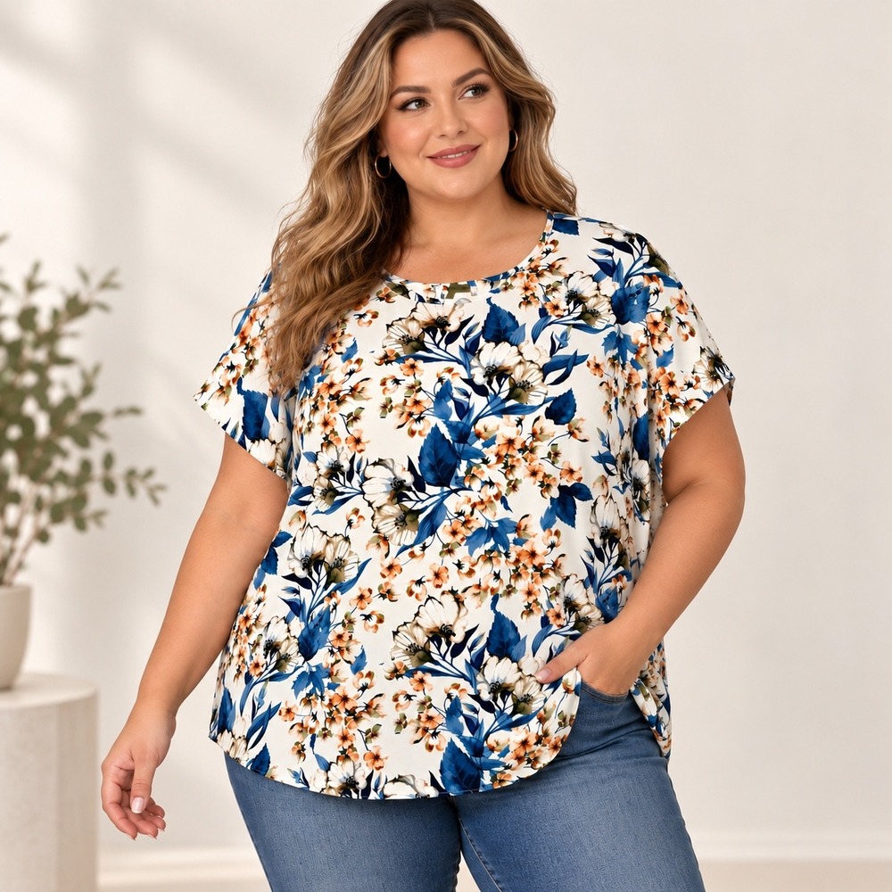 Shein Women's 3X Floral Blouse Silky Blue Orange Plus Size Cottagecore Office